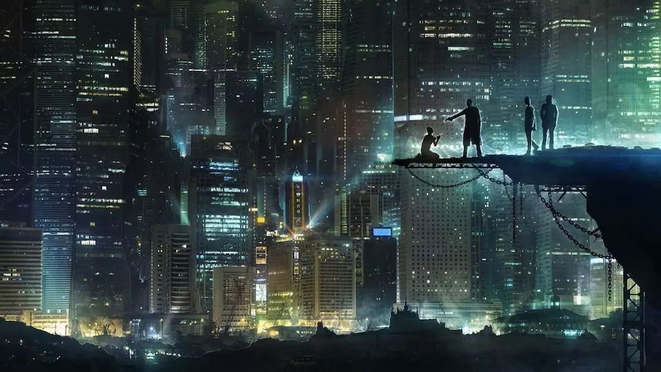 Hopefully, you won't be the one kneeling. An image of a neon-lit futuristic city. A platform on the right has four silhouetted figures-- one kneeling and begging, one aiming a pistol at him, and the other two looking on.